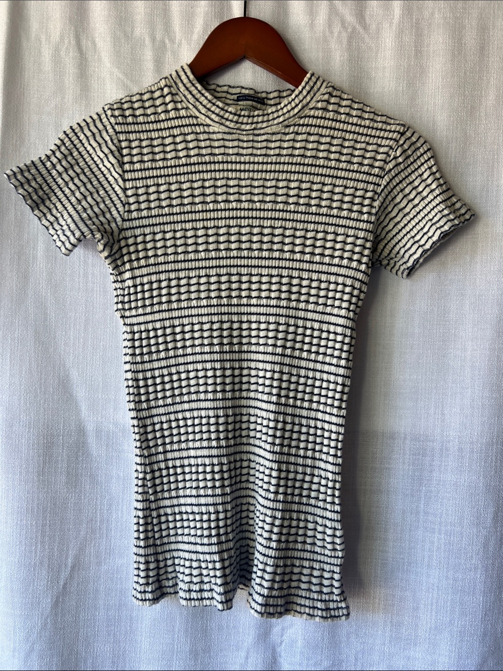 MOTHER Short Sleeve Ribbed Smocked Knit Tee in Ivory and Navy Stripes